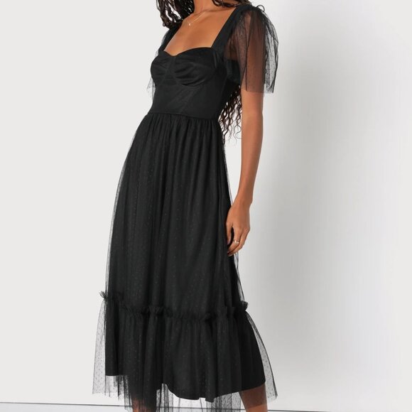 DRESS w/ POCKETS!! Black Tulle Bustier Swiss Dot Midi Dress -Elegant & Romantic - Picture 6 of 12